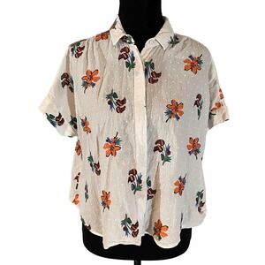 Madewell White Floral Embroidered Hilltop Hawaiian Print Short Sleeve Shirt Sm